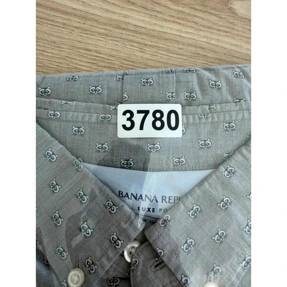 Banana Republic Luxe Poplin Shirt Mens L‎ Grey Raccoon Print Untucked Slim Fit